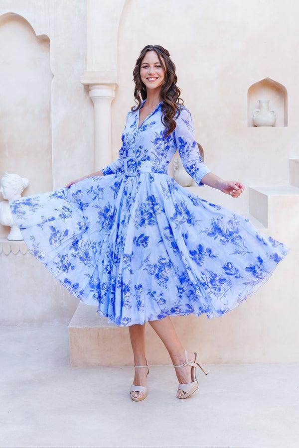 Samantha Sung Aster Dress Shirt Collar 3/4 Sleeve Midi Length Cotton Musola (Thorn Bud Rose Small Ground)