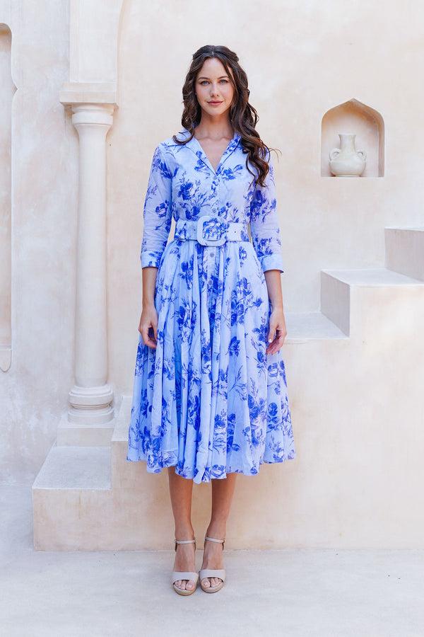 samantha sung Aster Dress Shirt Collar 3/4 Sleeve Midi Length Cotton Musola (Thorn Bud Rose Small Ground)