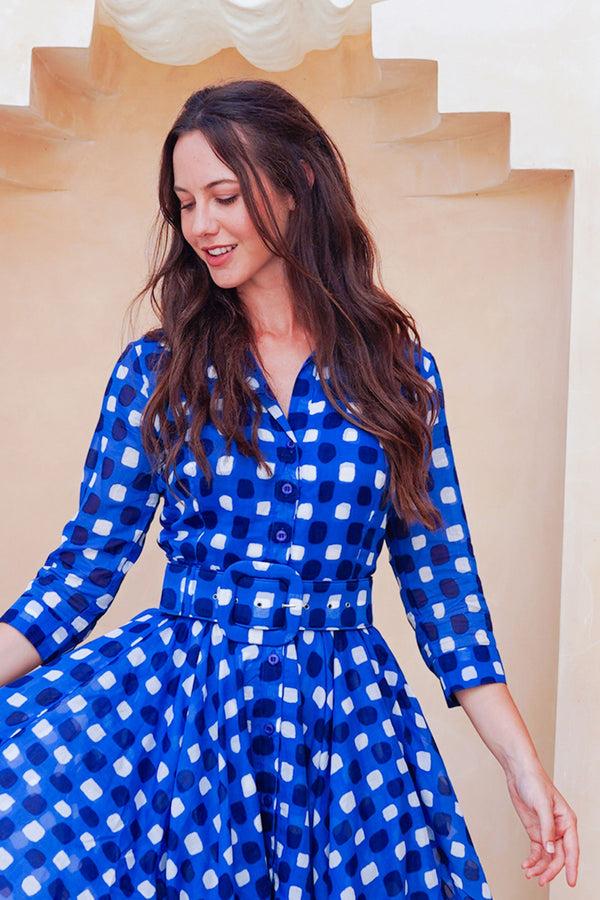 Samantha Sung Aster Dress Shirt Collar 3/4 Sleeve Midi Length Cotton Musola (Tie Dye Gingham Small)