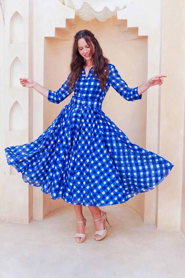 Samantha Sung Aster Dress Shirt Collar 3/4 Sleeve Midi Length Cotton Musola (Tie Dye Gingham Small)