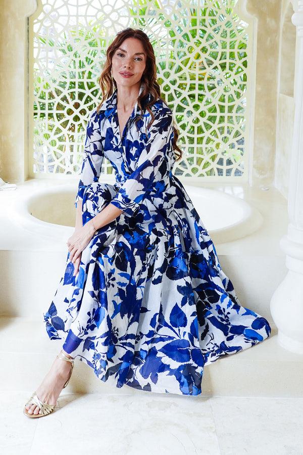 Samantha Sung Aster Dress Shirt Collar 3/4 Sleeve Midi Length Cotton Musola (Genova Mono Flower White)