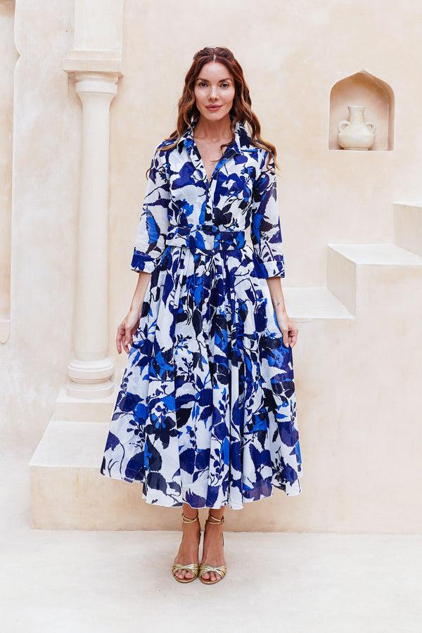 samantha sung Aster Dress Shirt Collar 3/4 Sleeve Midi Length Cotton Musola (Genova Mono Flower White)