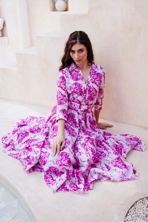 Samantha Sung Aster Dress Shirt Collar 3/4 Sleeve Midi Length Cotton Musola (Lilac Bunch Large Pastel)