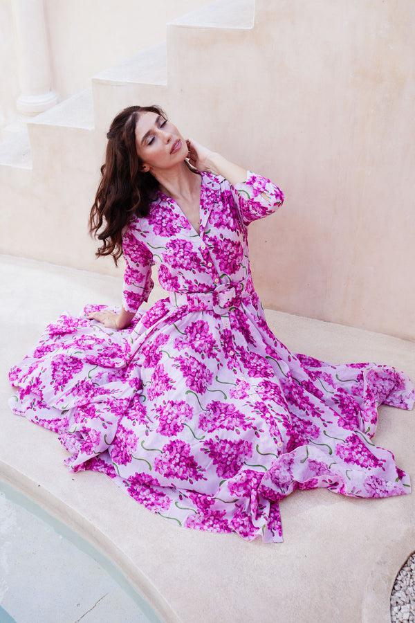 Samantha Sung Aster Dress Shirt Collar 3/4 Sleeve Midi Length Cotton Musola (Lilac Bunch Large Pastel)