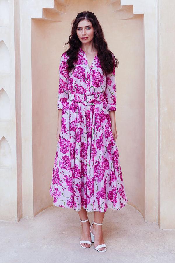 samantha sung Aster Dress Shirt Collar 3/4 Sleeve Midi Length Cotton Musola (Lilac Bunch Large Pastel)