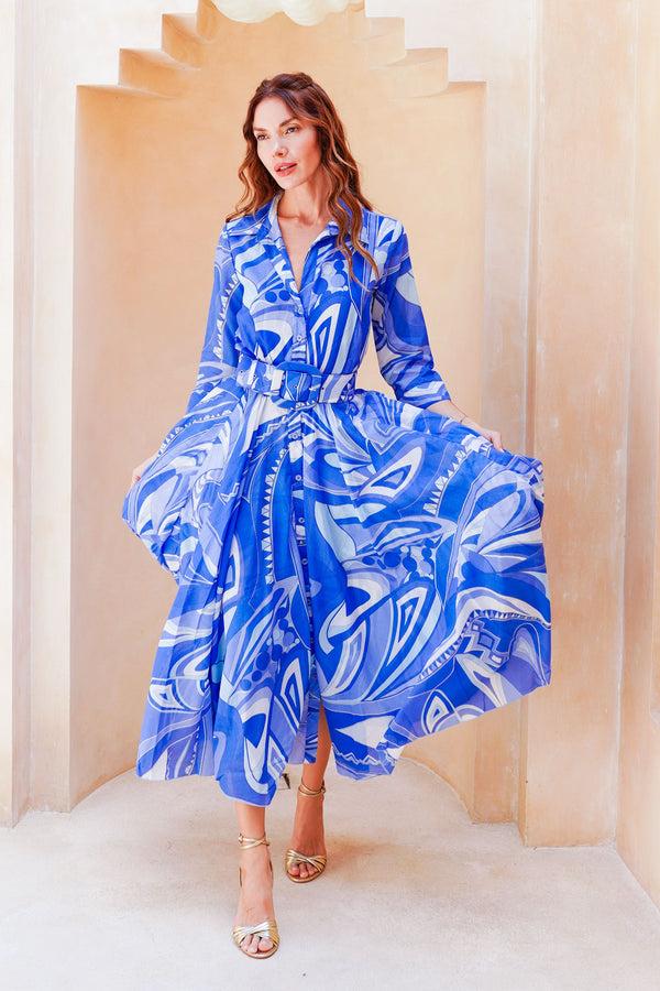 Samantha Sung Aster Dress Shirt Collar 3/4 Sleeve Midi Length Cotton Musola (Pucciesque Africani)