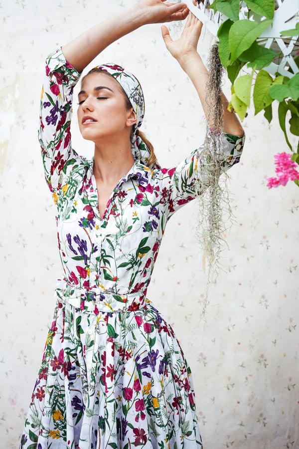 Samantha Sung Aster Dress Shirt Collar 3/4 Sleeve Midi Length Cotton Musola (Fairy Tail Flower)