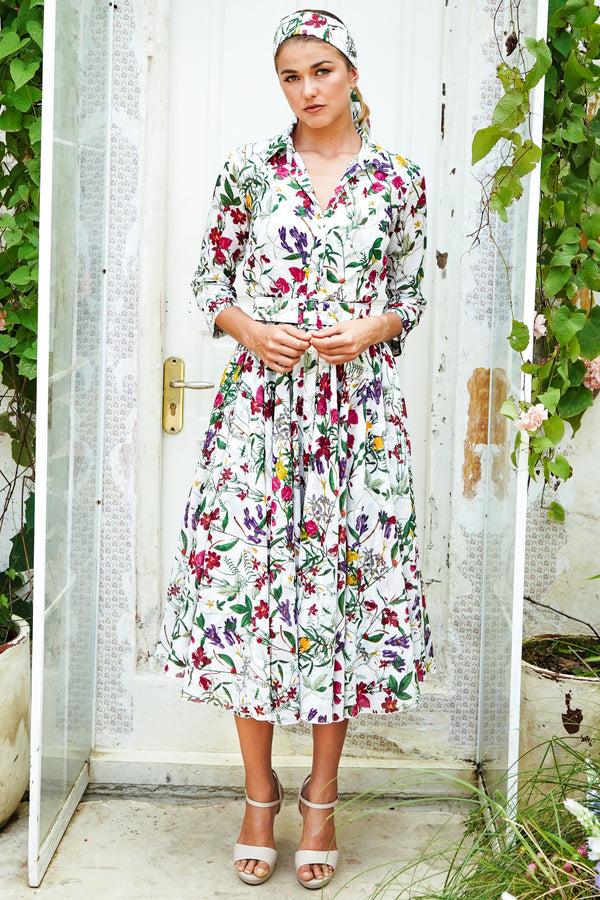 samantha sung Aster Dress Shirt Collar 3/4 Sleeve Midi Length Cotton Musola (Fairy Tail Flower)