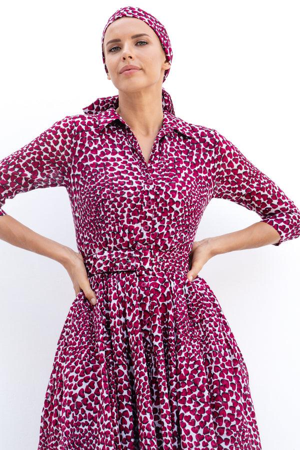 Samantha Sung Aster Dress Shirt Collar 3/4 Sleeve Midi Length Cotton Musola (Heart Wave)