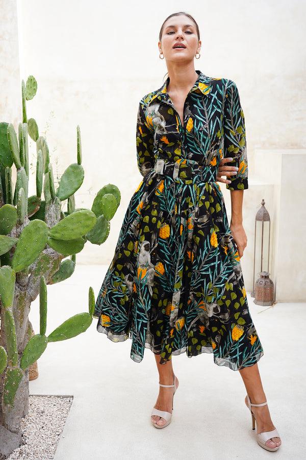 samantha sung Aster Dress Shirt Collar 3/4 Sleeve Midi Length Cotton Musola (Eastern Monkey Black)