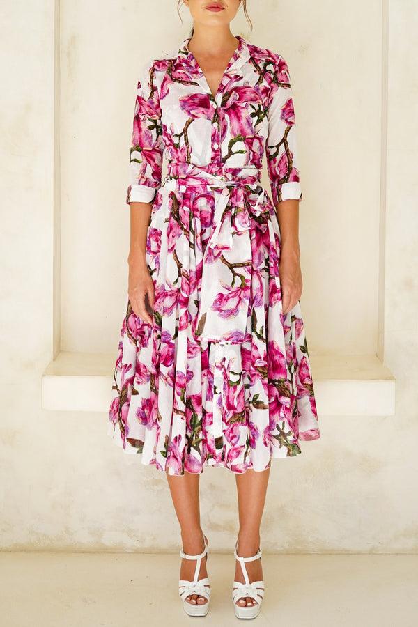 samantha sung Aster Dress Shirt Collar 3/4 Sleeve Midi Length Cotton Musola (Magnolia Blossom)