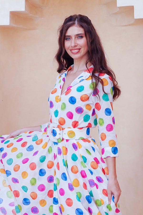 Samantha Sung Aster Dress Shirt Collar 3/4 Sleeve Midi Length Cotton Musola (Watercolor Dots Small)