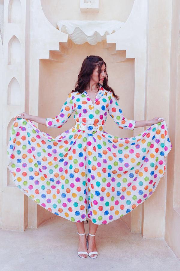 Samantha Sung Aster Dress Shirt Collar 3/4 Sleeve Midi Length Cotton Musola (Watercolor Dots Small)