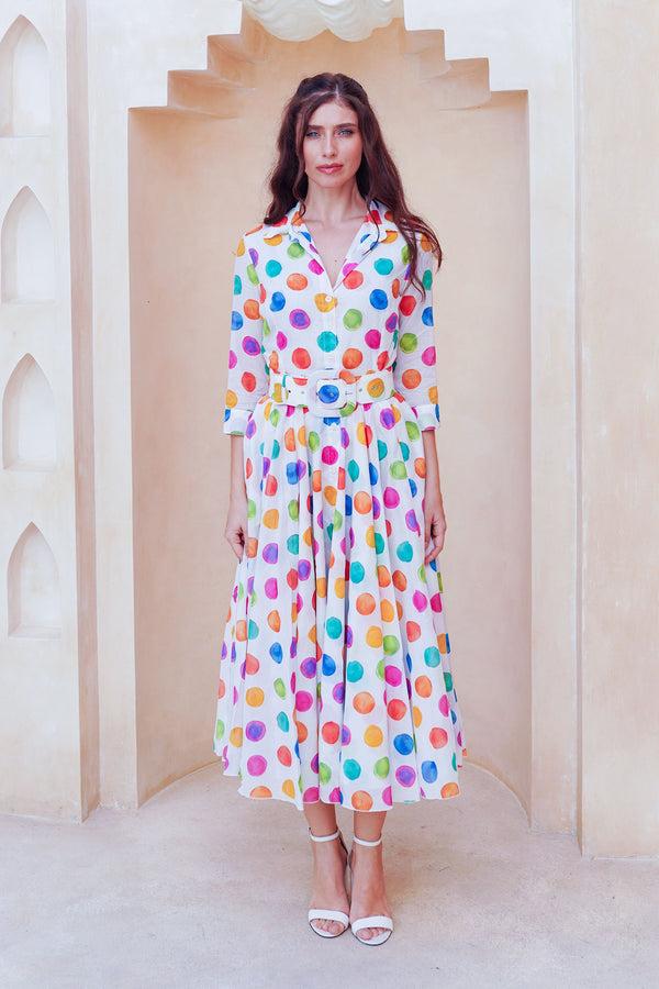 samantha sung Aster Dress Shirt Collar 3/4 Sleeve Midi Length Cotton Musola (Watercolor Dots Small)