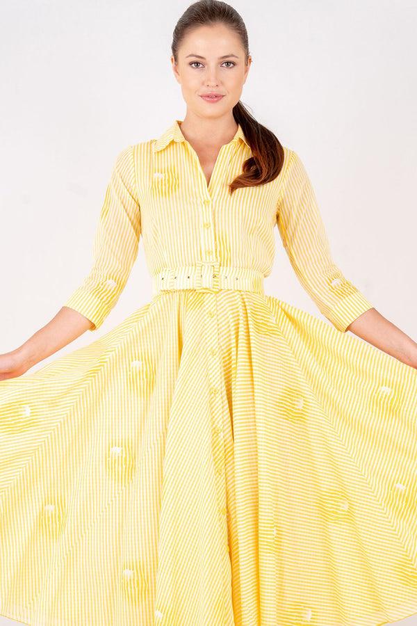 Samantha Sung Aster Dress Shirt Collar 3/4 Sleeve Midi Length Cotton Musola (Oxford Stripe Small)