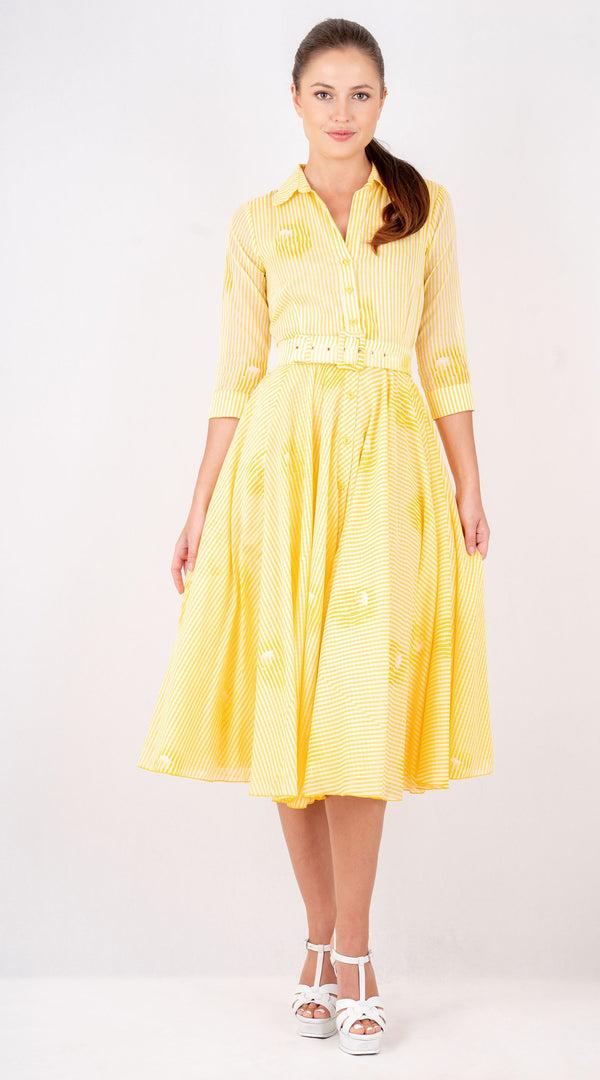 samantha sung Aster Dress Shirt Collar 3/4 Sleeve Midi Length Cotton Musola (Oxford Stripe Small)