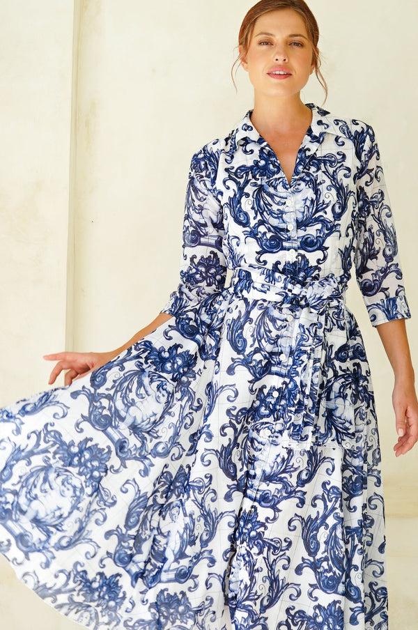 Samantha Sung Aster Dress Shirt Collar 3/4 Sleeve Midi Length Cotton Musola (Cherub Tile)