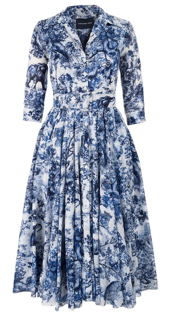 Samantha Sung Aster Dress Shirt Collar 3/4 Sleeve Midi Length Cotton Musola_Safari Toile White_White Cobalt Blue