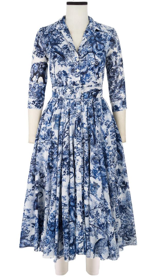 samantha sung Aster Dress Shirt Collar 3/4 Sleeve Midi Length Cotton Musola_Safari Toile White_White Cobalt Blue