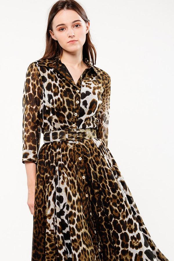 Samantha Sung Aster Dress Shirt Collar 3/4 Sleeve Midi Length Cotton Musola (Colombo Leopard)