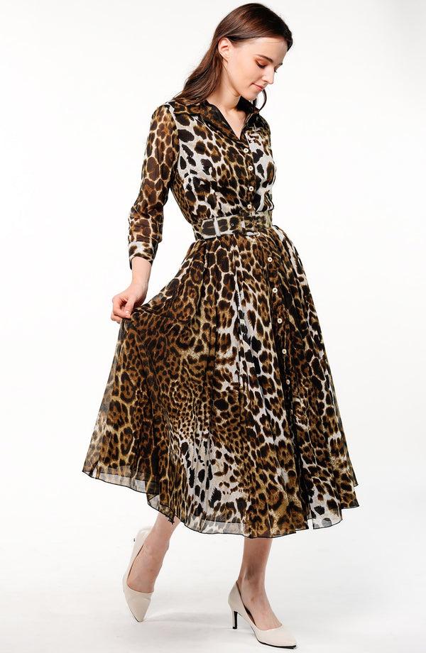 Samantha Sung Aster Dress Shirt Collar 3/4 Sleeve Midi Length Cotton Musola (Colombo Leopard)