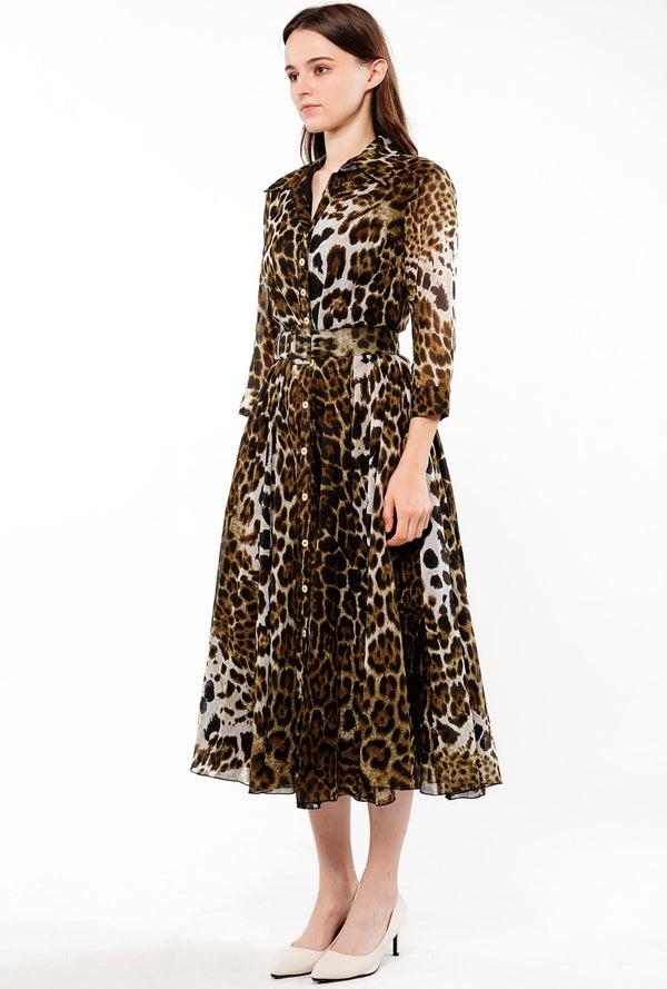 Samantha Sung Aster Dress Shirt Collar 3/4 Sleeve Midi Length Cotton Musola (Colombo Leopard)