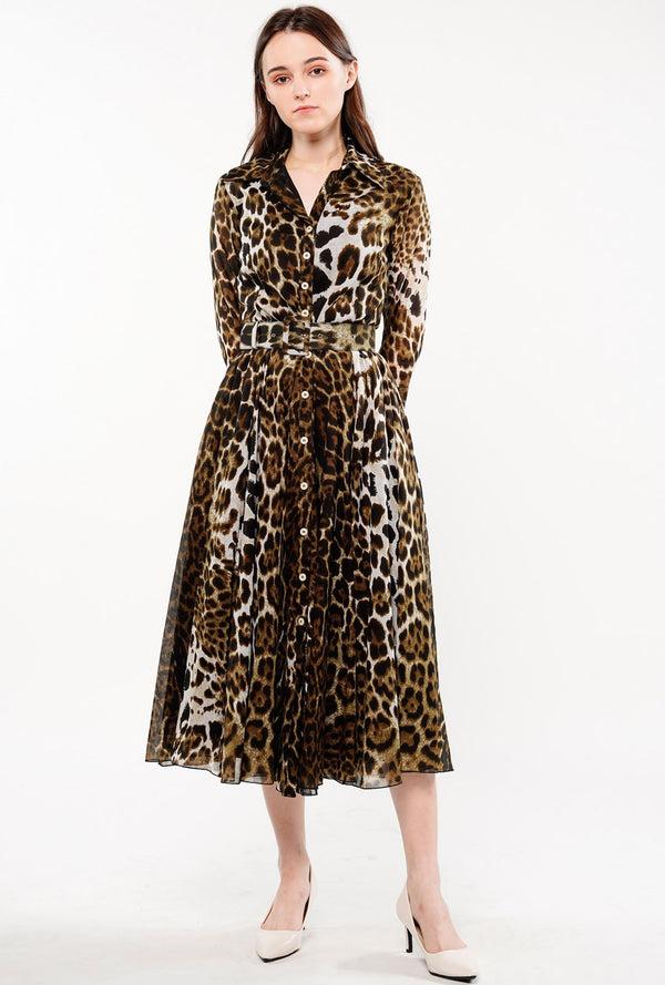 samantha sung Aster Dress Shirt Collar 3/4 Sleeve Midi Length Cotton Musola (Colombo Leopard)