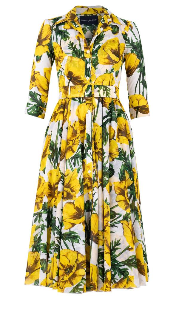 Samantha Sung Aster Dress Shirt Collar 3/4 Sleeve Midi Length Cotton Musola (Poppy Poland Big)