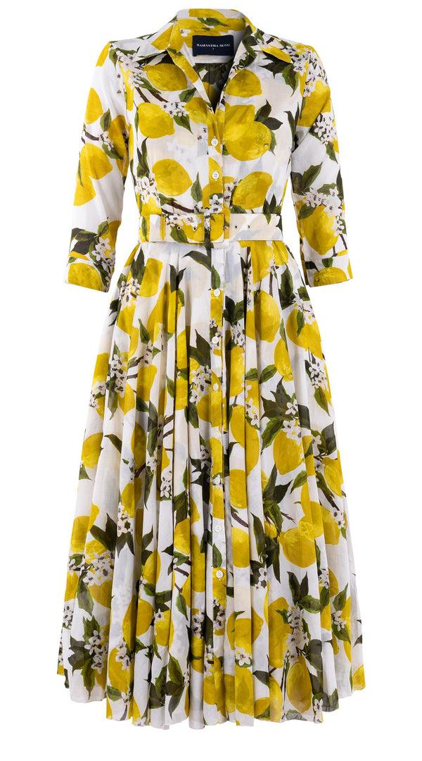 Samantha Sung Aster Dress Shirt Collar 3/4 Sleeve Midi Length Cotton Musola (Lemon Original)