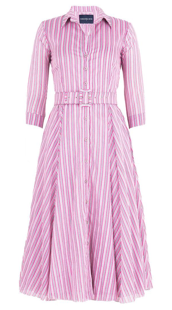 Samantha Sung Aster Dress Shirt Collar 3/4 Sleeve Midi Length Cotton Musola (Napoli Stripe Bright)