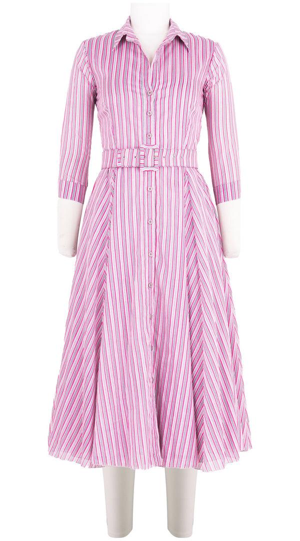 samantha sung Aster Dress Shirt Collar 3/4 Sleeve Midi Length Cotton Musola (Napoli Stripe Bright)