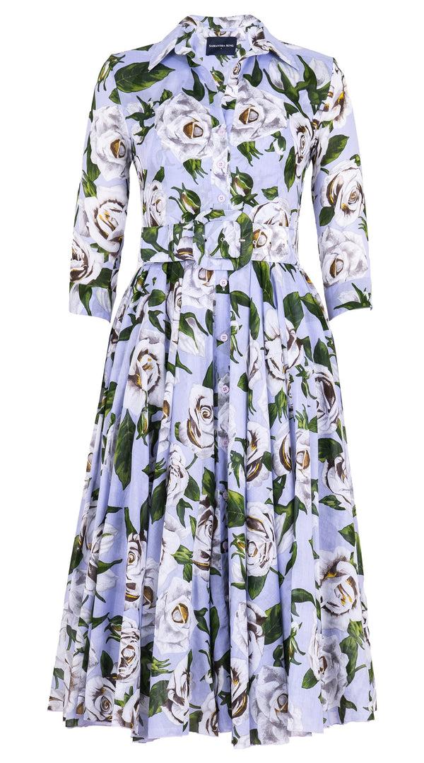 Samantha Sung Aster Dress Shirt Collar 3/4 Sleeve Midi Length Cotton Musola (White Rose Pastel)