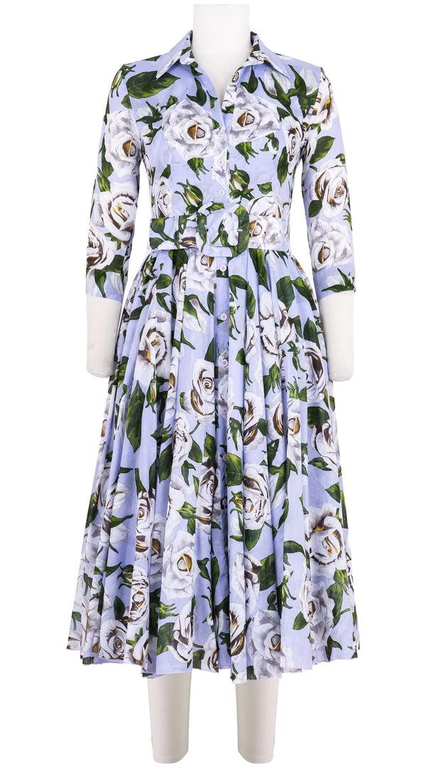 samantha sung Aster Dress Shirt Collar 3/4 Sleeve Midi Length Cotton Musola (White Rose Pastel)