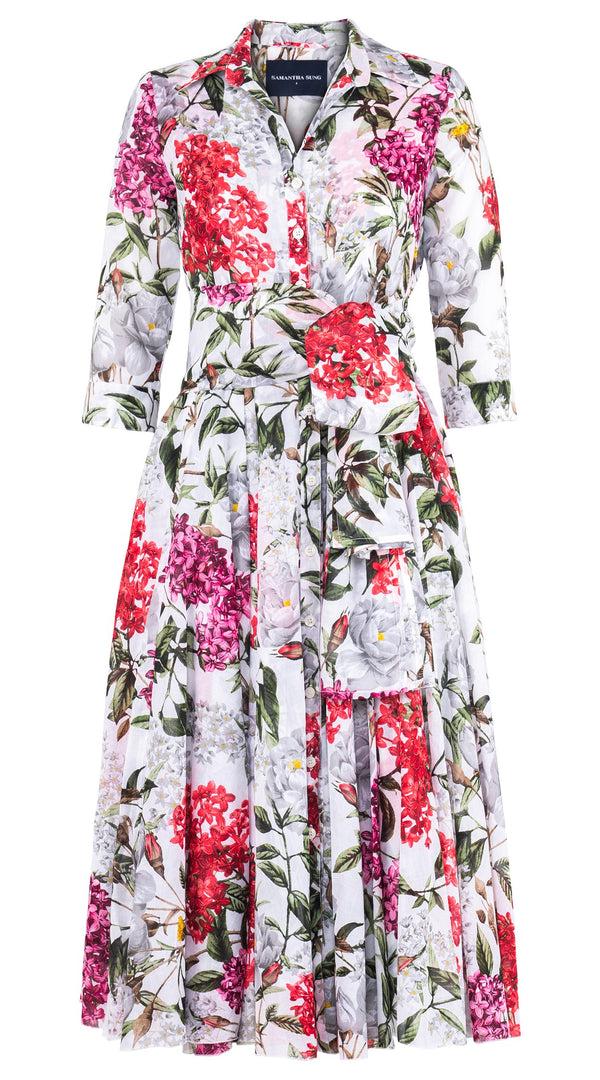 Samantha Sung Aster Dress Shirt Collar 3/4 Sleeve Midi Length Cotton Musola (Lilac Heaven White)