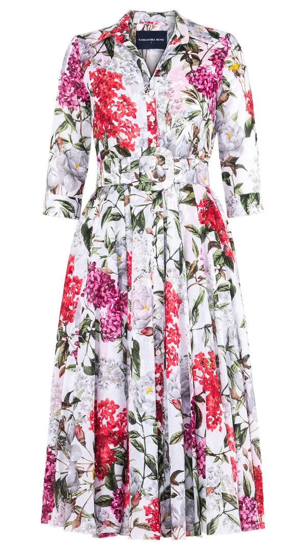 samantha sung Aster Dress Shirt Collar 3/4 Sleeve Midi Length Cotton Musola (Lilac Heaven White)