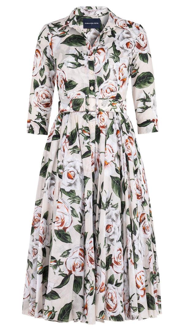 samantha sung Aster Dress Shirt Collar 3/4 Sleeve Midi Length Cotton Musola (White Rose Bright)