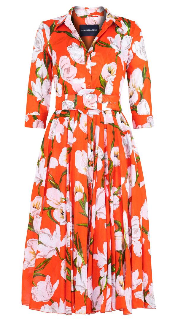 Samantha Sung Aster Dress Shirt Collar 3/4 Sleeve Midi Length Cotton Musola (White Tulip)