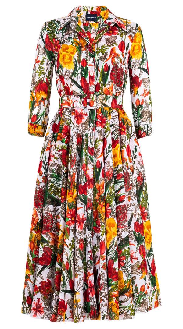 Samantha Sung Aster Dress Shirt Collar 3/4 Sleeve Midi Length Cotton Musola (Copenhagen Botanic Small)