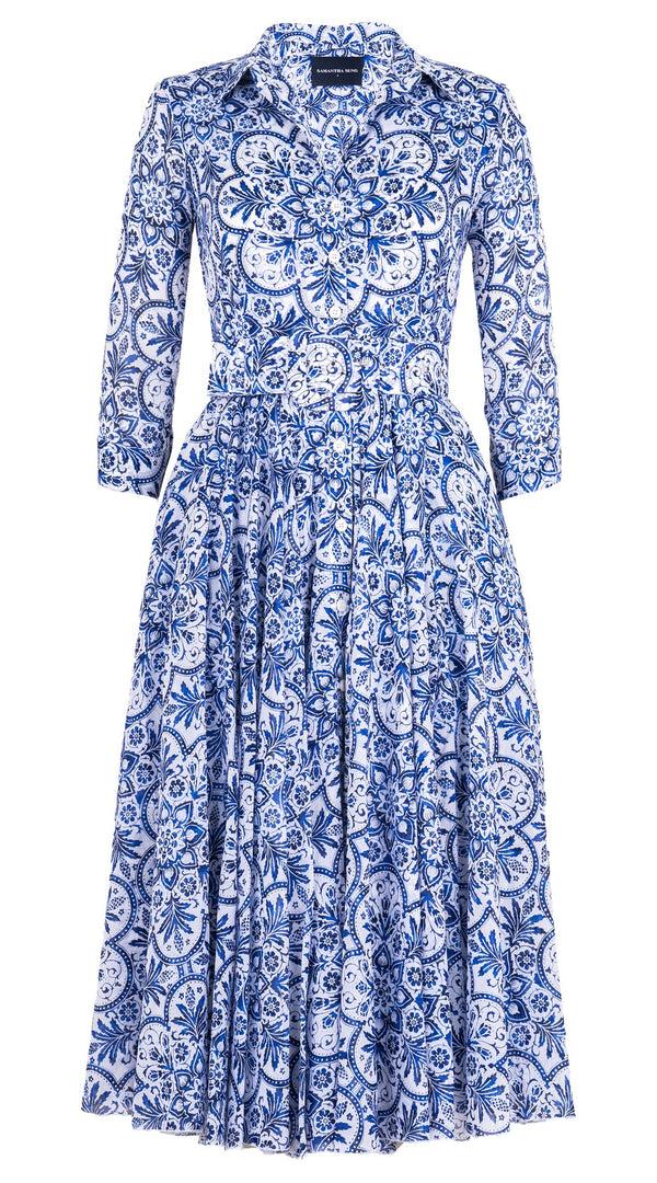 Samantha Sung Aster Dress Shirt Collar 3/4 Sleeve Midi Length Cotton Musola (Marakechi Tile)