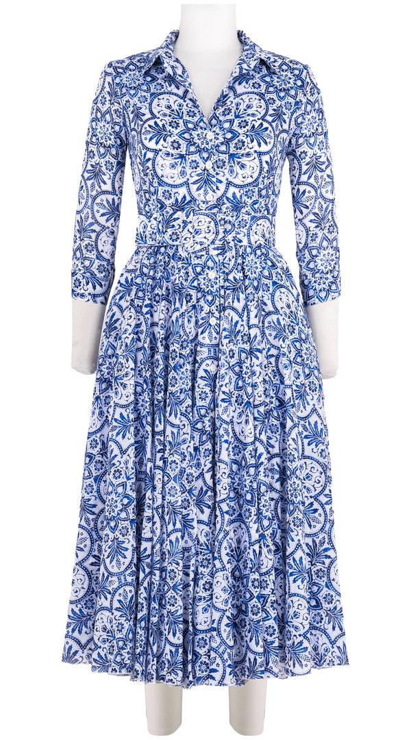 samantha sung Aster Dress Shirt Collar 3/4 Sleeve Midi Length Cotton Musola (Marakechi Tile)