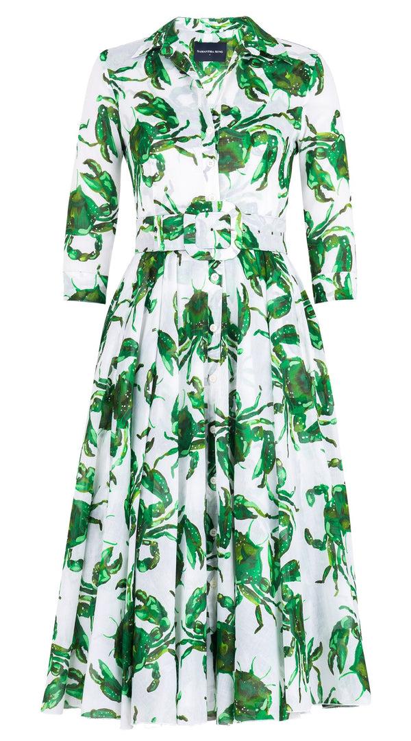 Samantha Sung Aster Dress Shirt Collar 3/4 Sleeve Midi Length Cotton Musola (Crab Art)