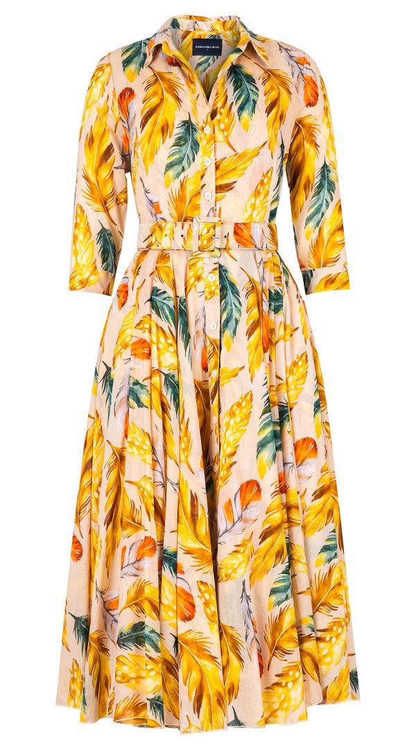 samantha sung Aster Dress Shirt Collar 3/4 Sleeve Midi Length Cotton Musola (Floating Feather Pastel)