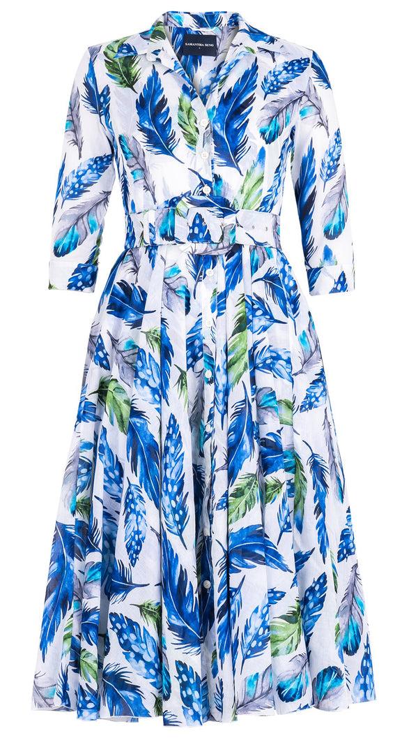 Samantha Sung Aster Dress Shirt Collar 3/4 Sleeve Midi Length Cotton Musola (Floating Feather White)