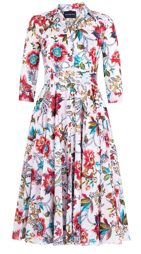 Samantha Sung Aster Dress Shirt Collar 3/4 Sleeve Midi Length Cotton Musola (Leopard Toile Multi)