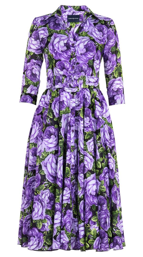 Samantha Sung Aster Dress Shirt Collar 3/4 Sleeve Midi Length Cotton Musola (Queen Bee Rose Black)