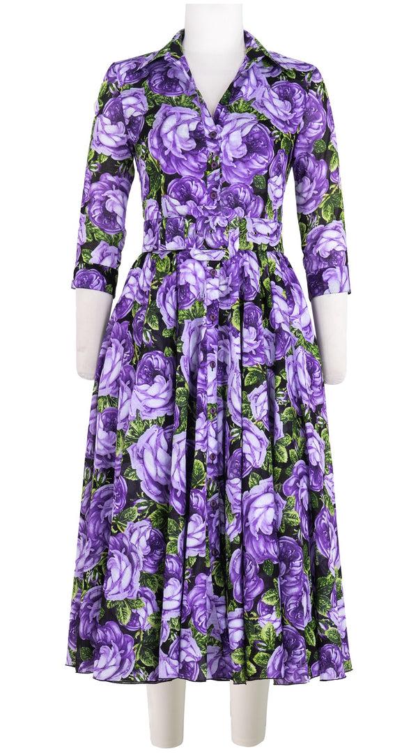 samantha sung Aster Dress Shirt Collar 3/4 Sleeve Midi Length Cotton Musola (Queen Bee Rose Black)