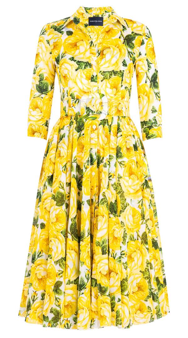 samantha sung Aster Dress Shirt Collar 3/4 Sleeve Midi Length Cotton Musola (Queen Bee Rose White)