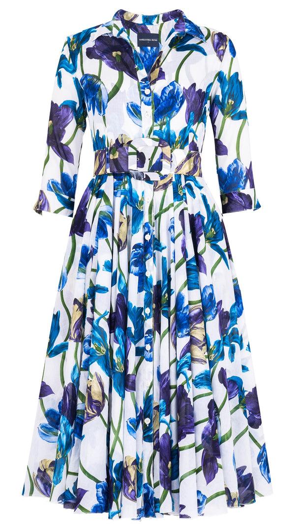 Samantha Sung Aster Dress Shirt Collar 3/4 Sleeve Midi Length Cotton Musola (Rambrandt Tulip)