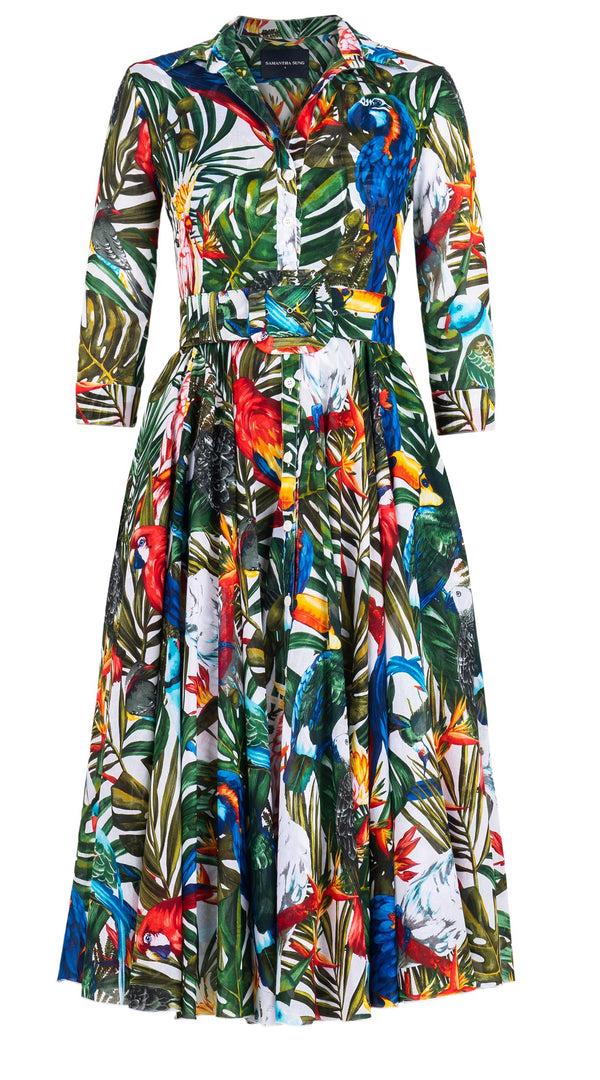 Samantha Sung Aster Dress Shirt Collar 3/4 Sleeve Midi Length Cotton Musola (Tropical Parrot)