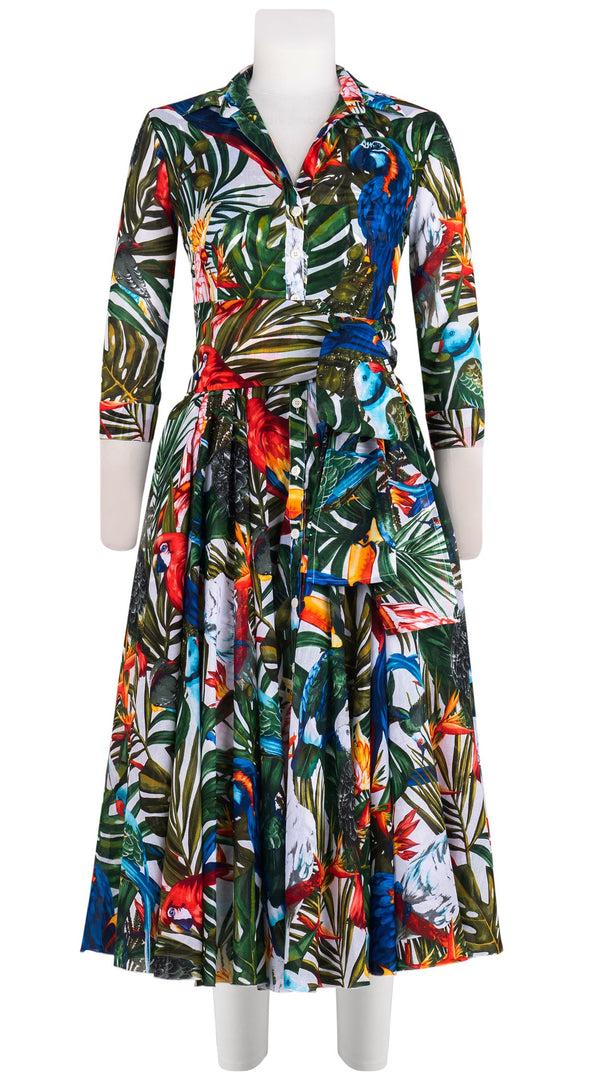 Samantha Sung Aster Dress Shirt Collar 3/4 Sleeve Midi Length Cotton Musola (Tropical Parrot)